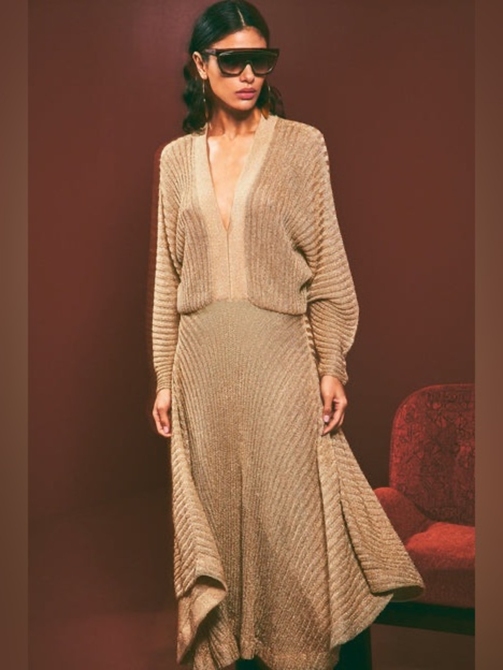 Alexis Heida Metallic Gold Thread Maxi Dress Sheer V Neck Shimmering Relaxed L